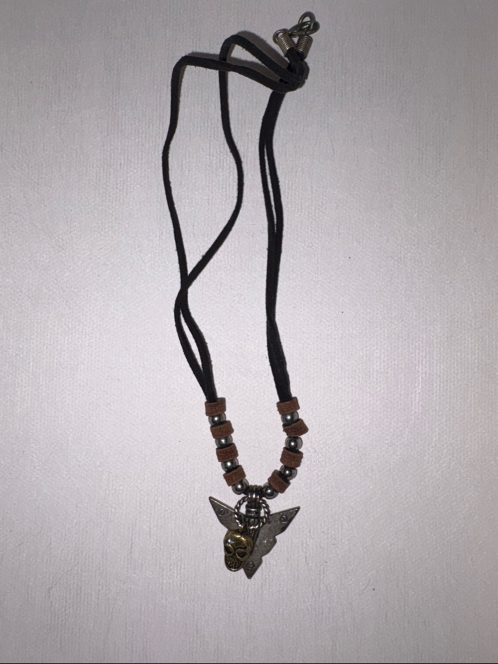 Leather Cord Necklace with Winged Skull Pendant - Black & Brown